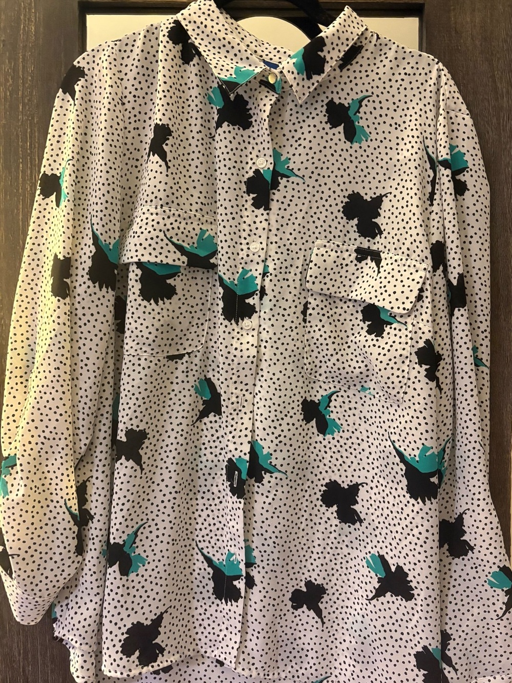 Apt. 9 White Blouse with Black & Teal Floral Print